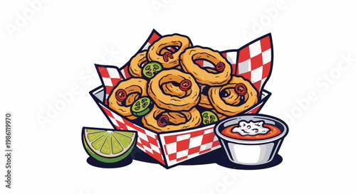 Crispy fried onion rings with jalapeño slices and dip