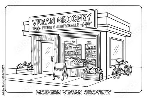 Modern Vegan Grocery Storefront with Fresh and Sustainable Products.