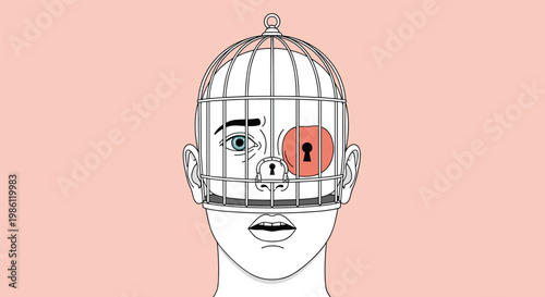 Human head is encased in metal birdcage with padlocks over eyes and mouth, symbolizing censorship and lack of freedom of expression.