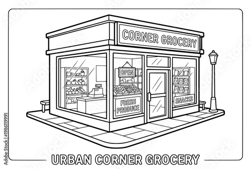 Black and White Illustration of a Corner Grocery Store in Urban Setting.