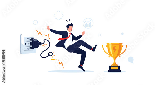 Distressed businessman trips over a tangled power cord and falls near a trophy representing unexpected failure right before achieving success.