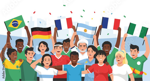 Diverse group of people football celebrating with national flags and confetti, vector illustration