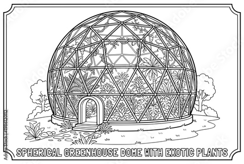Geodesic greenhouse dome filled with living plants.