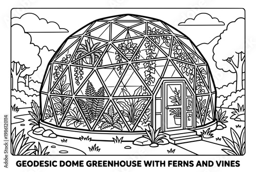 Geodesic dome greenhouse with ferns and vines.