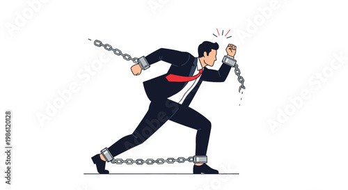 Powerful businessman in a formal suit breaks heavy metal chains from his arms and legs to represent liberation and overcoming business limits.