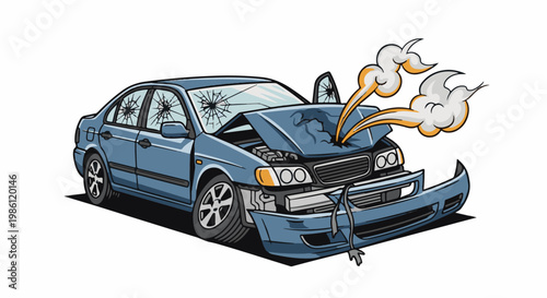 A damaged blue car with cracked windows and smoke from the engine