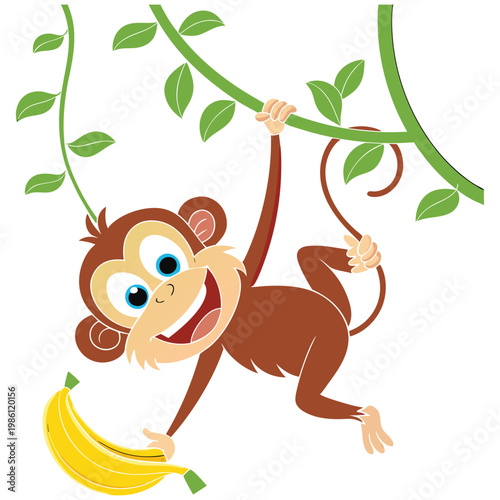 Cute cartoon monkey hanging from a vine and holding a yellow banana