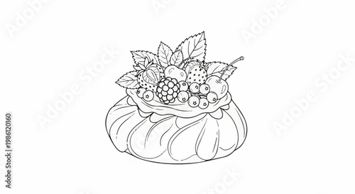 A line drawing of a meringue dessert topped with assorted berries and mint leaves
