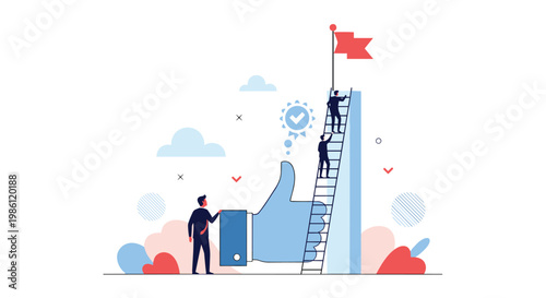 Team of business people climb ladders to reach red flag on top of giant blue thumbs up icon, representing quest for social media approval.
