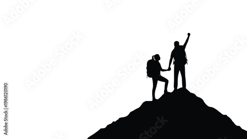 Two hikers in silhouette help each other reach the mountain summit with one raising their arm in triumph on a white background