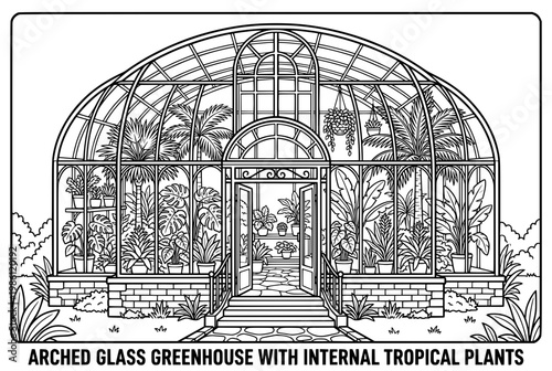 Arched glass greenhouse with tropical plants.