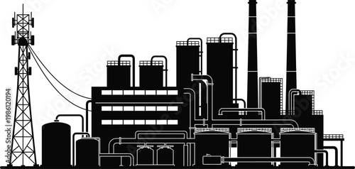 Industrial factory silhouette with oil refinery, storage tanks, chimneys and communication tower, black and white vector illustration, energy production, manufacturing industry scene