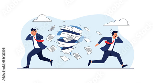 Scared businessmen run in opposite directions to escape violent paper tornado, representing information overload and chaotic office work.