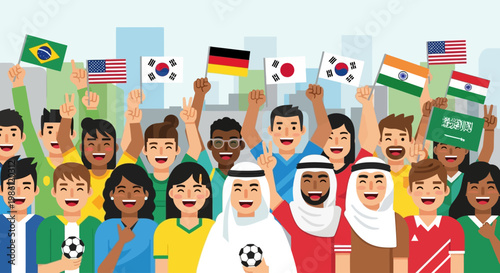 Diverse crowd of international football sport fans waving flags and holding soccer balls vector illustration