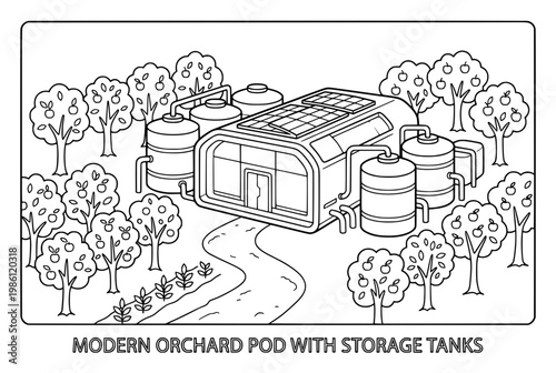 Modern orchard pod with storage tanks.