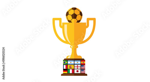 Dynamic golden football championship trophy vector illustration, featuring a soccer ball and international flags, symbolizing global sports triumph and competitive spirit in a sleek graphic design