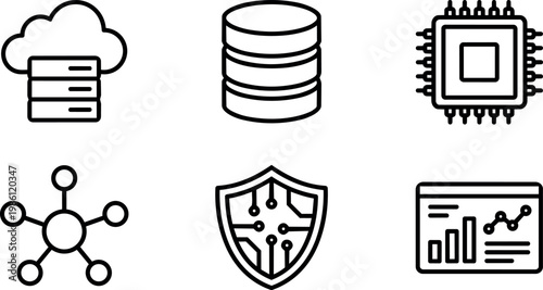 Black and white line art cloud server database chip network security analytics icons