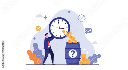 Businessman pouring gold coins from a large clock into a barrel marked with a question mark, illustrating the value of time and uncertain investments.