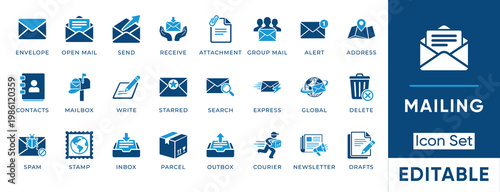 Mailing icon set. Containing envelope, email, send, receive, inbox, address, message, contact, courier and more. Solid vector icons collection.