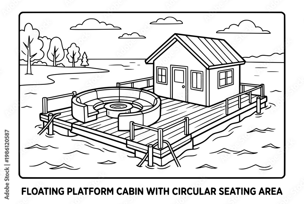 Naklejka premium Floating platform cabin with circular seating area.