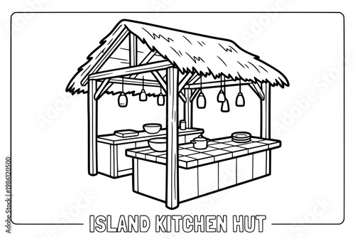 Detailed Illustration of an Island Kitchen Hut with Thatched Roof.