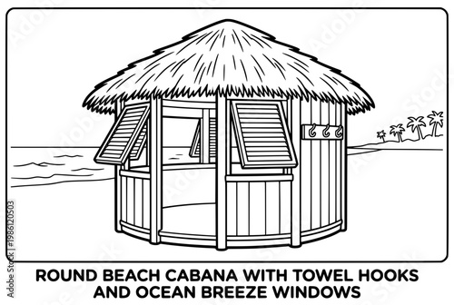 Round Beach Cabana With Towel Hooks And Ocean Breeze Windows.