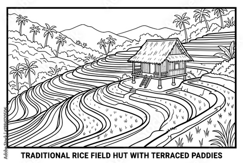 Traditional Rice Field Hut Amid Terraced Paddies.