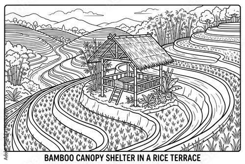 Bamboo Canopy Shelter in a Rice Terrace Landscape Illustration.