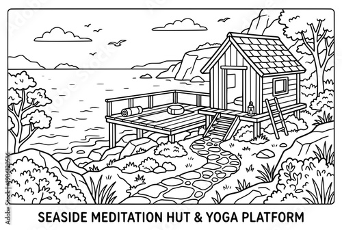 Seaside Meditation Hut and Yoga Platform on Rocks.