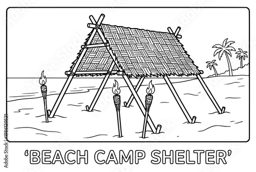 Simple Beach Camp Shelter with Tiki Torches on Sandy Shoreline.