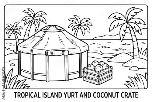Black and White Illustration of a Tropical Island Yurt and Coconut Crate.