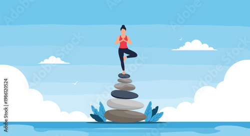 Young woman finds inner peace by practicing yoga tree pose atop a stack of balanced zen stones against a serene blue ocean backdrop.