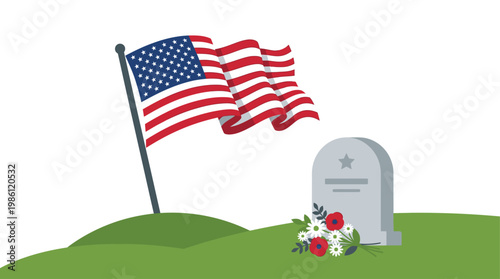 American Flag Waving Proudly Near A Grave With Flowers And A Star - Vector Illustration