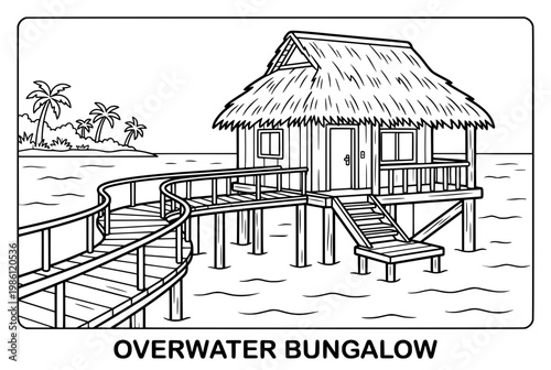 Overwater bungalow on stilts in tropical paradise.