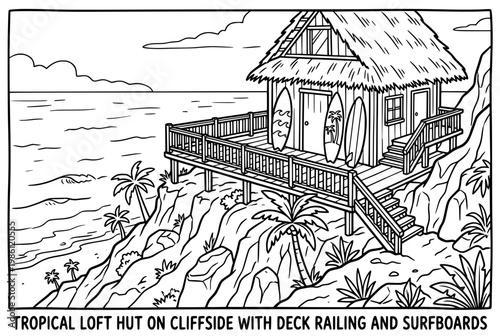 Coastal Tropical Hut Perched on Cliffside with Surfboards and Deck.