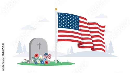Patriotic vector illustration featuring an American flag waving proudly beside a somber gravestone adorned with flowers, symbolizing remembrance and national honor for fallen heroes