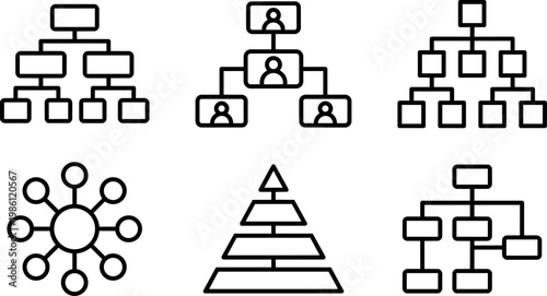 Black line art different organizational chart and network icons vector illustration