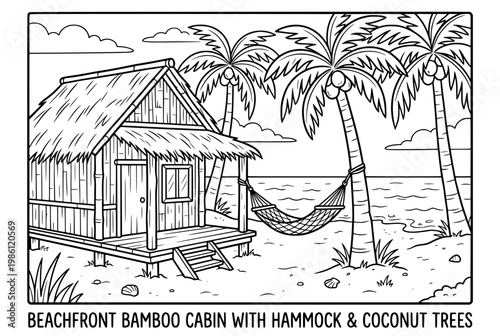 Black and White Beachfront Bamboo Cabin with Hammock and Coconut Trees.