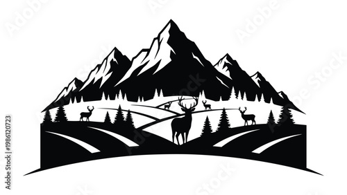 Black silhouette of deer and trees on a mountainous landscape with snow capped peaks and rolling hills in a natural setting