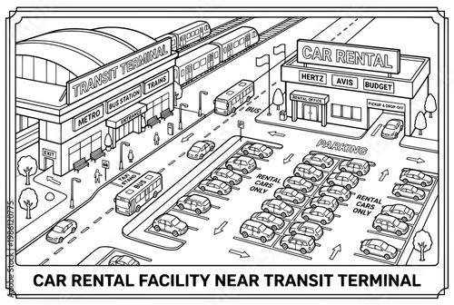 Car rental facility near transit terminal with various vehicles available.