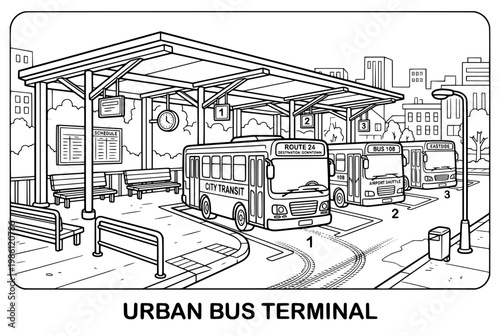 Urban Bus Terminal Scene With Buses.