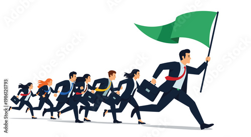 Determined leader running ahead with a large green flag followed by a group of business professionals, representing leadership and team spirit.