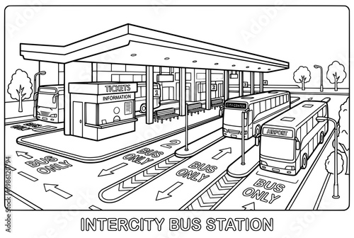 Intercity bus station with waiting buses at platform.