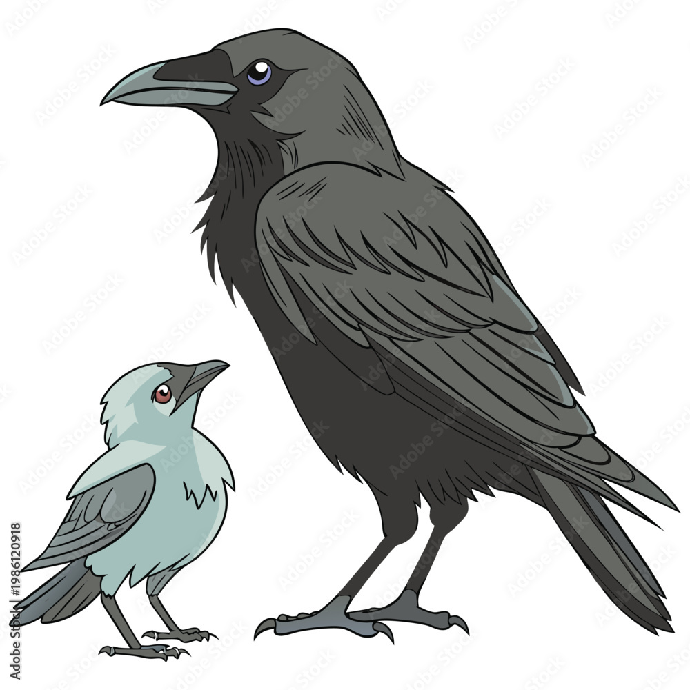 Fototapeta premium Illustration of a large black raven standing next to a small light green bird