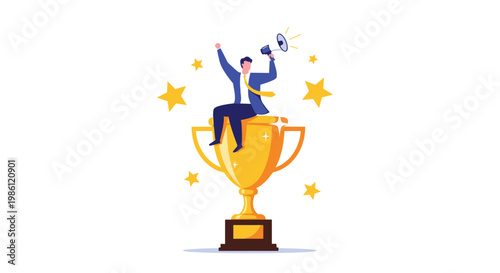 Successful businessman sitting on top of a giant golden trophy and using a megaphone to announce his victory and company achievements.