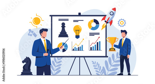 Two business professionals presenting data on a whiteboard with symbols of strategy, success, and a launching rocket to represent company growth.