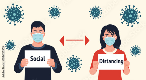 Man and woman wearing protective medical masks and holding social distancing signs to prevent the spread of viral infections during pandemic.
