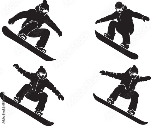 A dynamic black silhouette of a snowboarder mid air showcasing an exciting winter sport action silhouette high quality professional. Snowboarde air showcasing an exciting winter sport action vector.