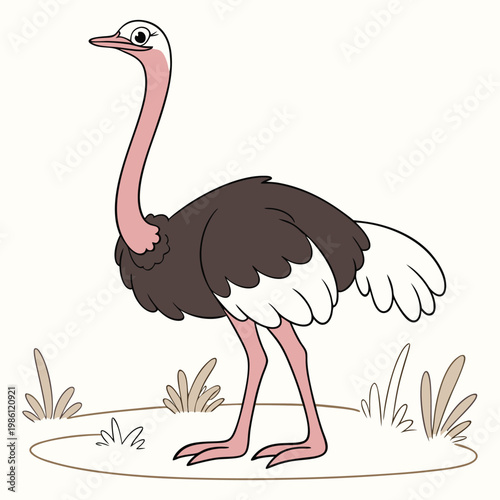 Cartoon ostrich standing in a field, cute flightless bird illustration