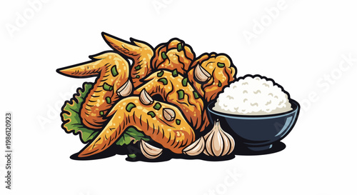 Crispy chicken wings with rice and garlic, illustrated food